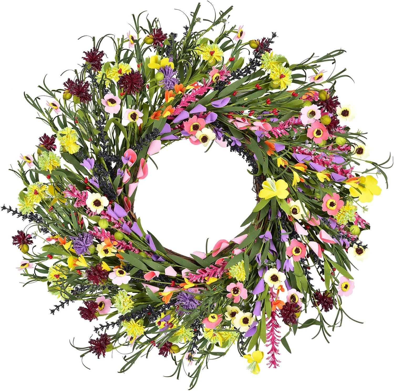 22 Inch Spring Colorful Wreath Artificial Daisy and Lavender Flower Wreath for Front Door Home De... | Amazon (US)
