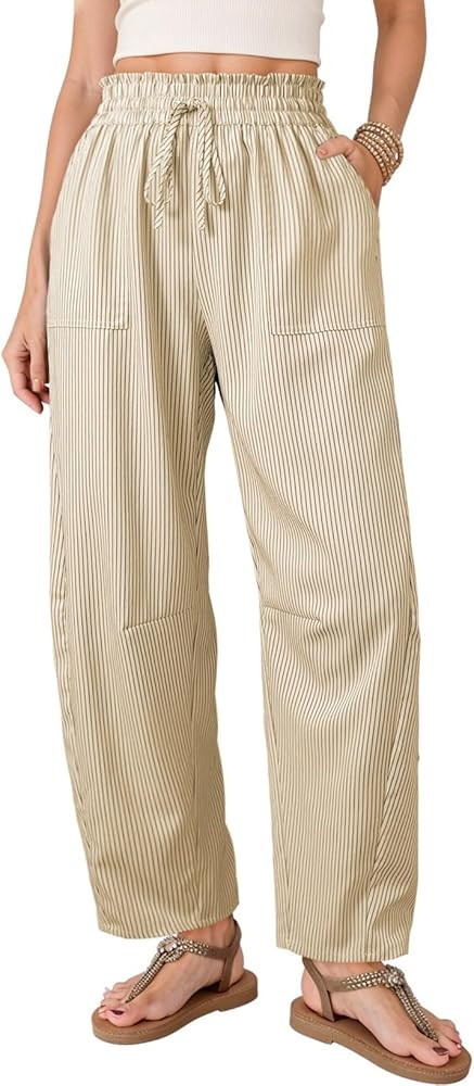 Dokotoo Women's Striped Barrel Casual Pants High Waisted 2026 Elastic Drawstring Trousers | Amazon (US)