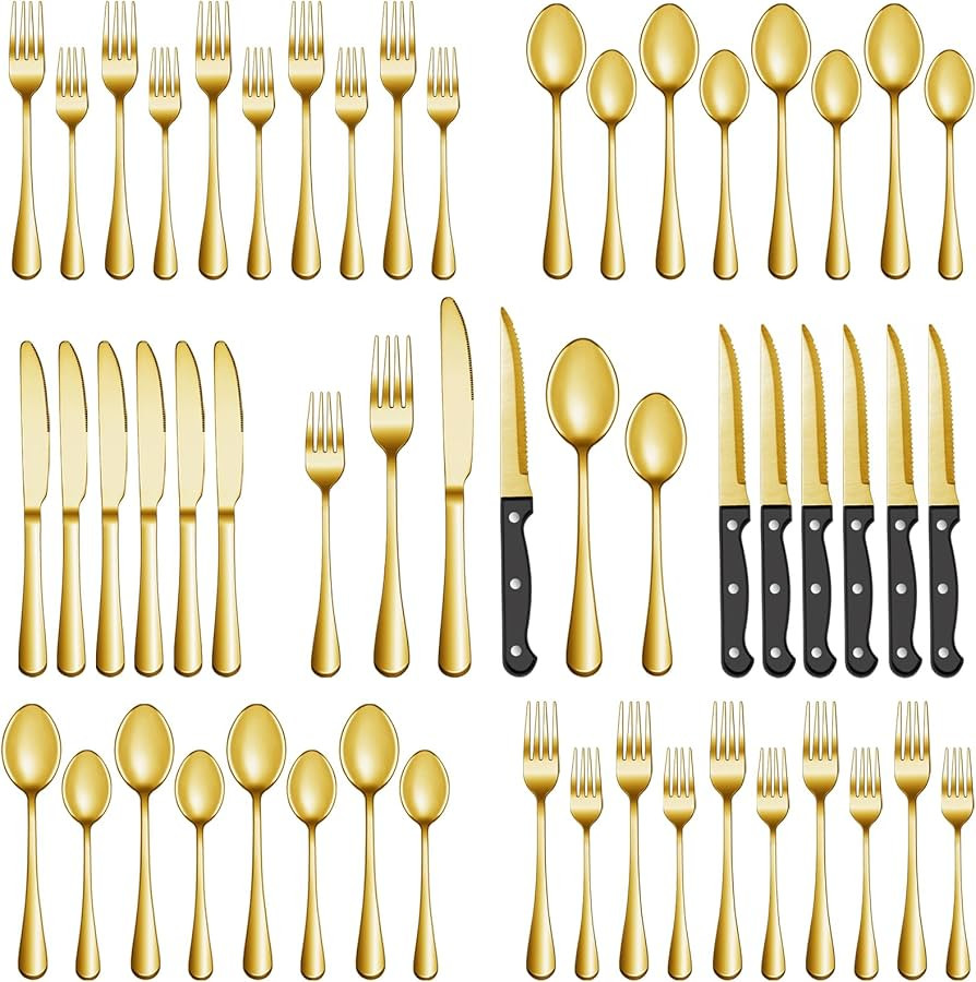36 Pcs Gold Silverware Set with Steak Knives, Stainless Steel Flatware Cutlery Set Service for 6,... | Amazon (US)