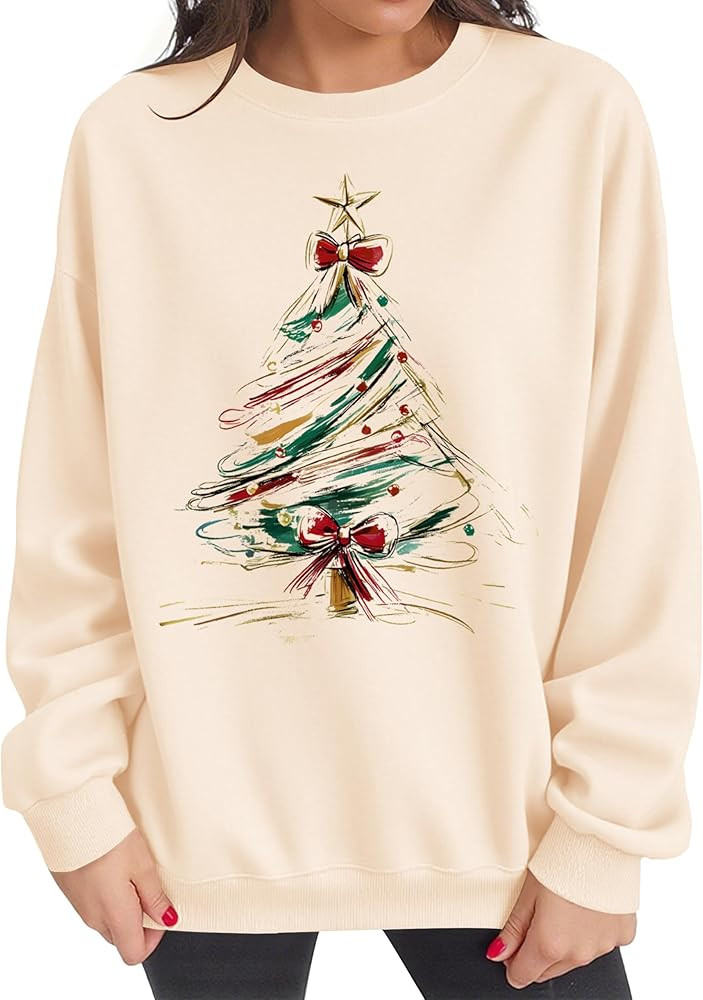 Christmas Tree Sweatshirt for Women Fleece Christmas Sweatshirts Cute Xmas Bow Graphic Long Sleev... | Amazon (US)
