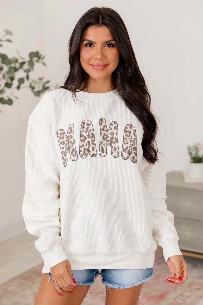Mama Leopard Ivory Corded Graphic Sweatshirt | Pink Lily
