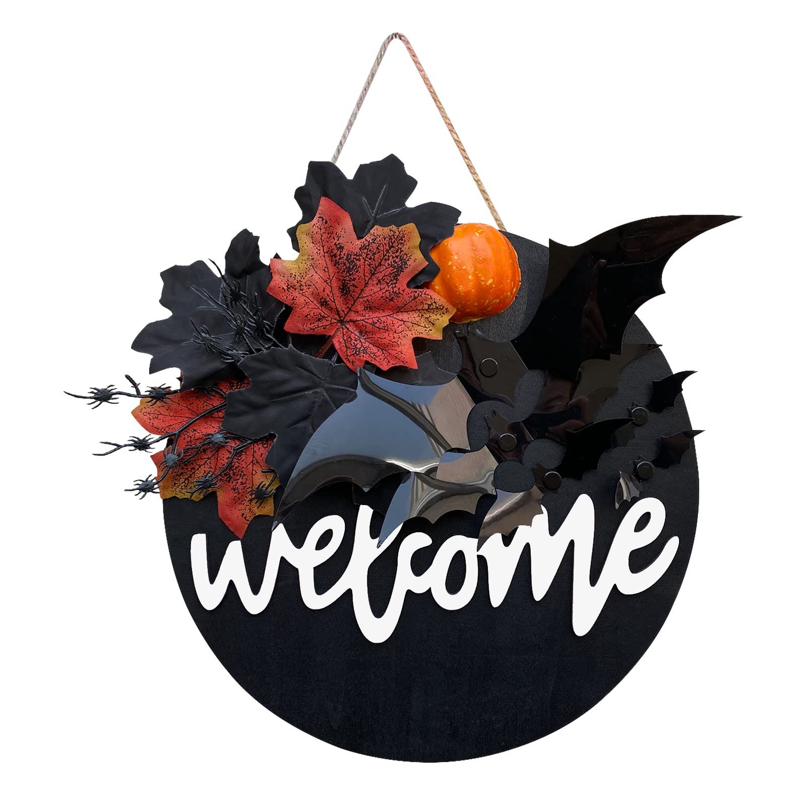 Whesamy Welcome Halloween Wreaths for Front Door Sign Outdoor Decor Black Maple Leaves and Bat Woode | Amazon (US)