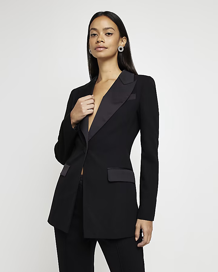 Black satin detail blazer | River Island (UK & IE)