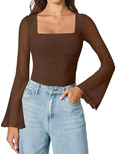 Avidlove Bodysuits for Women Long Bell Sleeve Mesh Square Neck Body Suits Going Out Ruched Bodysu... | Amazon (US)