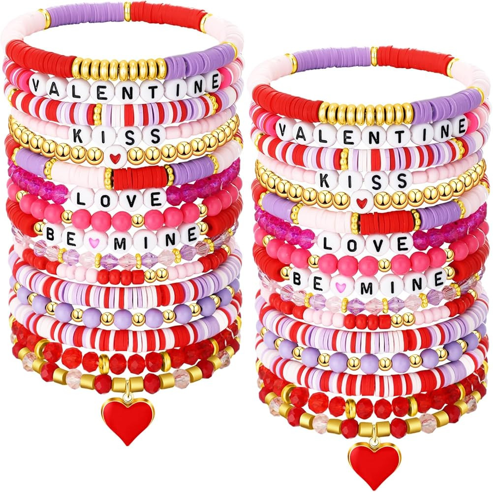 Sasylvia Valentine's Day Bracelets Surfer Heishi Pink Purple Preppy Bracelets Friendship Clay Bea... | Amazon (US)