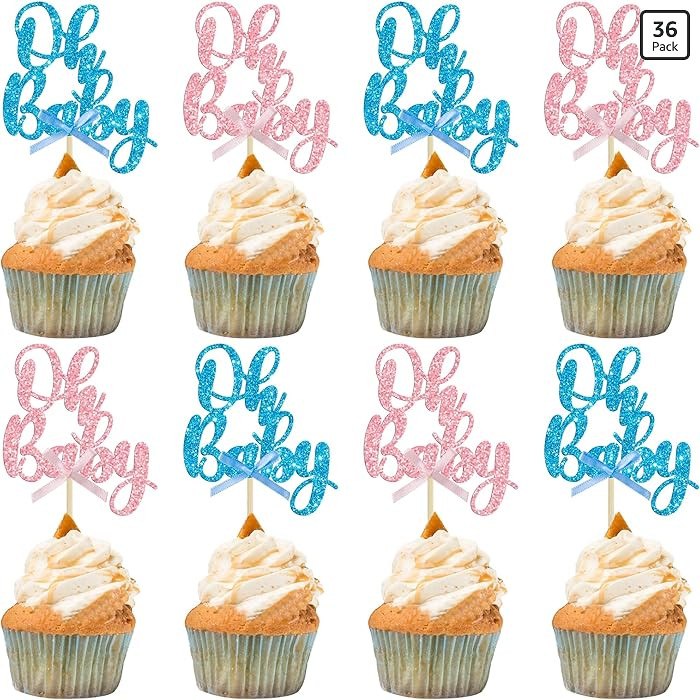 Gyufise 36Pcs Oh Baby Cupcake Toppers Pink Blue Bow Glitter Baby Shower Gender Reveal Cupcake Pic... | Amazon (US)
