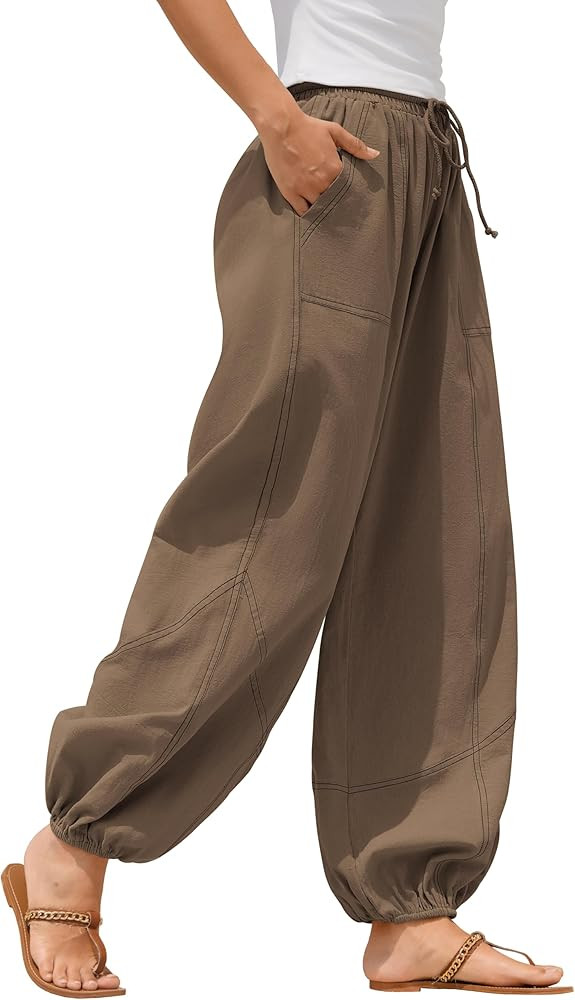 ZAFUL Women Casual Linen Pants Lightweight Drawstring Elastic Waist Lounge Beach Summer Pants wit... | Amazon (US)