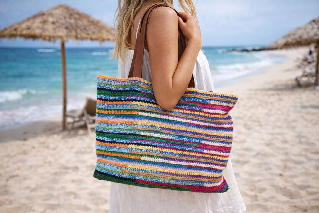 Handmade Miu Miu Colorful Crochet Tote Bag, XL Beach, Striped Shoulder Carry | Etsy (US)