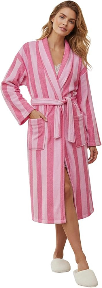 Women's Soft Plush Robe Flannel Lounge Robe Long Sleeve Striped Bathrobe with Belt | Amazon (US)