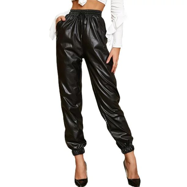 Musuos Womens Casual Drawstring Waist Pants Faux Leather Joggers Loose Fit Trousers - Walmart.com | Walmart (US)