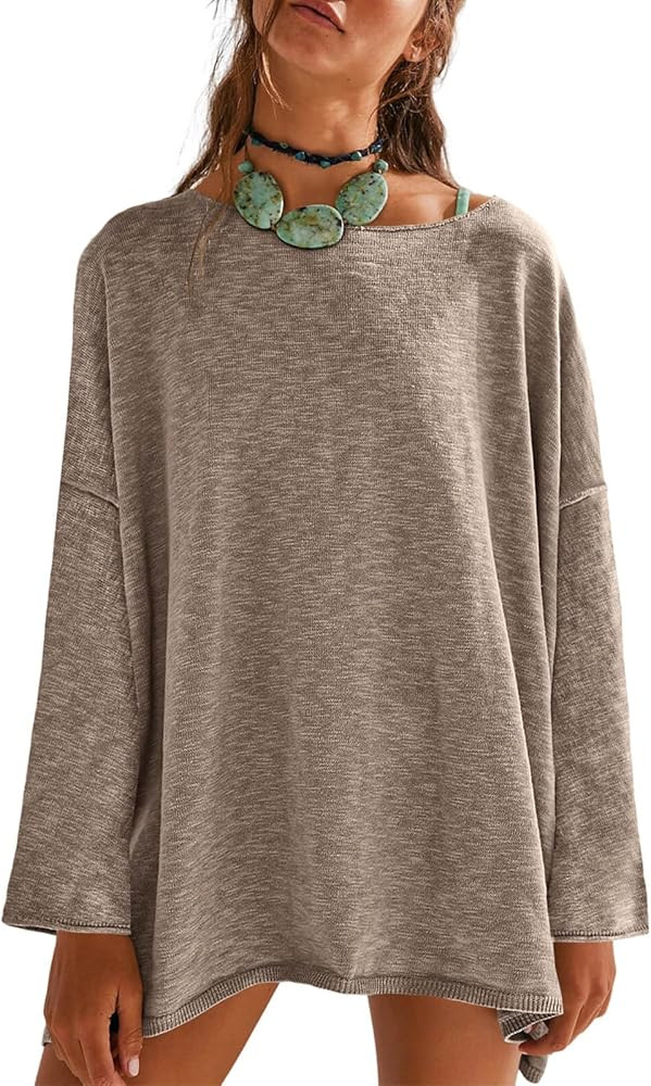 Tankaneo Fall Womens Long Sleeve Shirts Oversized Lightweight Sweaters Crewneck Side Slit Hem Cas... | Amazon (US)