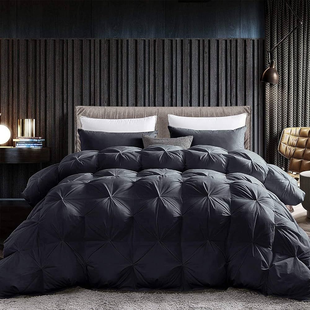 Luxurious Goose Down Feather Fiber Comforter, Exquisite Pinch Pleat Design, Black 108 x 98 , 100%... | Amazon (US)