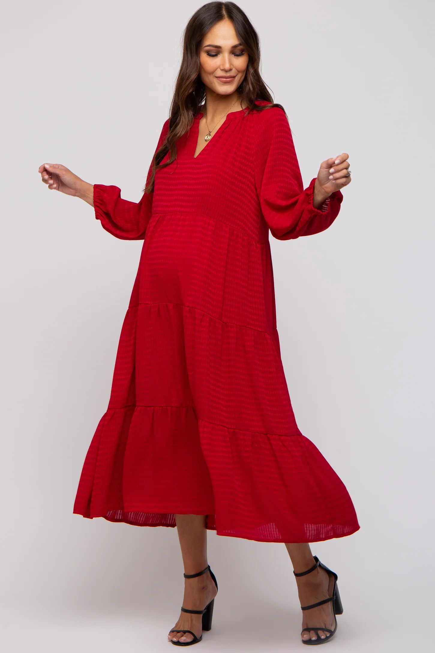 Red Textured Tiered Maternity Midi Dress | PinkBlush Maternity