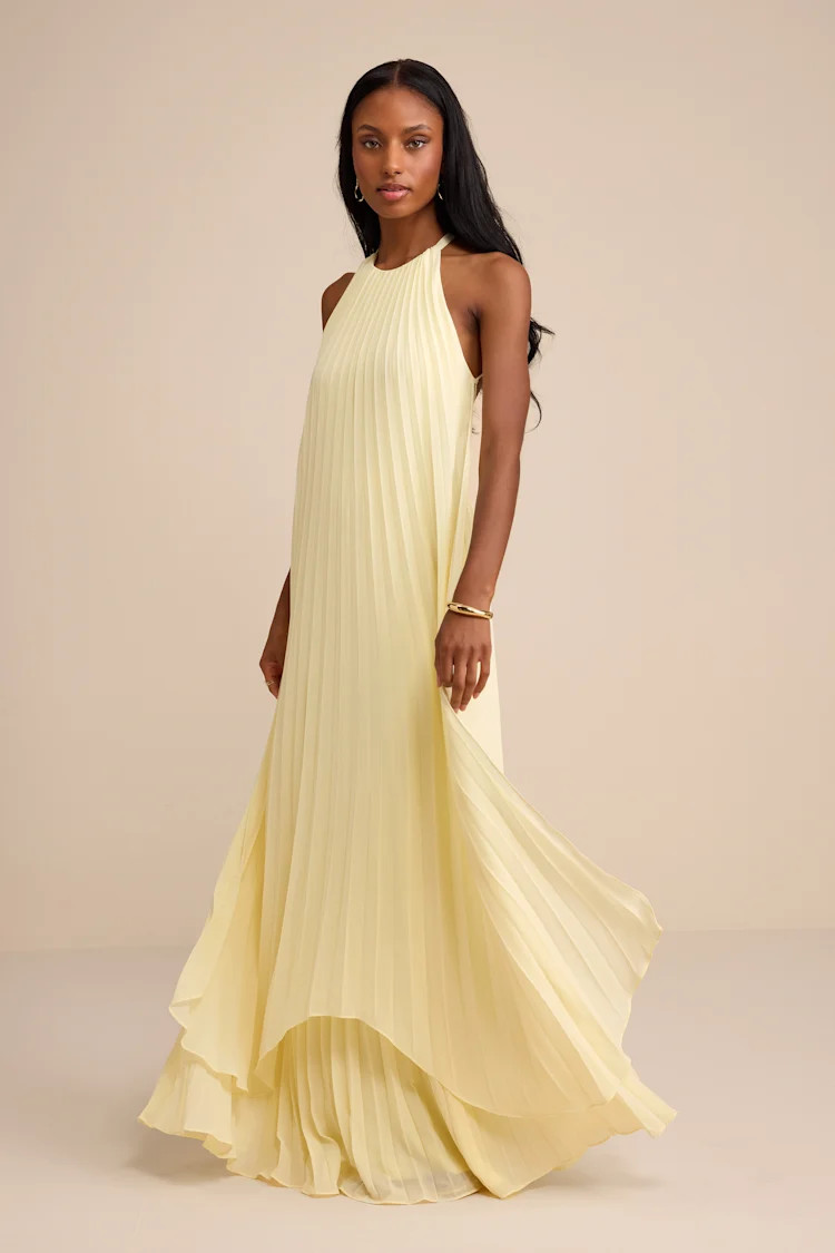 Dorala Light Yellow Pleated Lace-Up Tiered Maxi Dress | Lulus