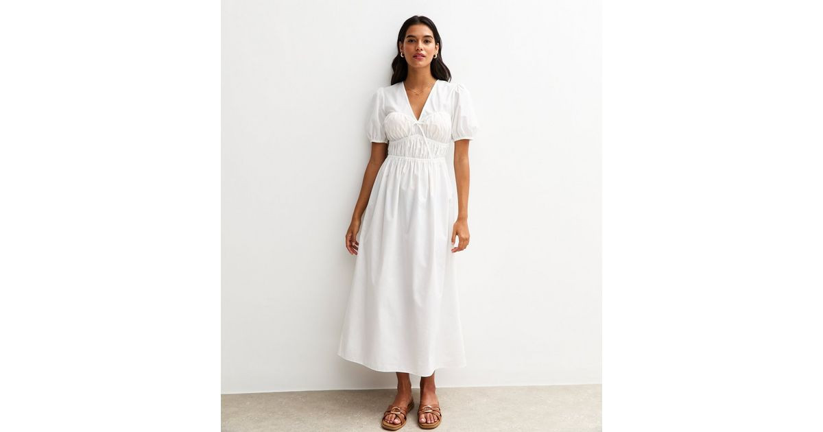 White V Neck Shirred Bodice Bow Front Midi Dress | New Look | New Look (UK)