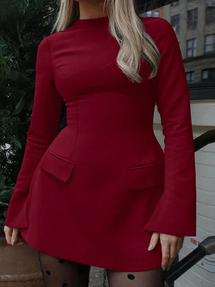 Plus Size Women's Elegant Long Sleeve Fitted Solid Color Mini Dress, Wine Red Festive New Year Ou... | SHEIN