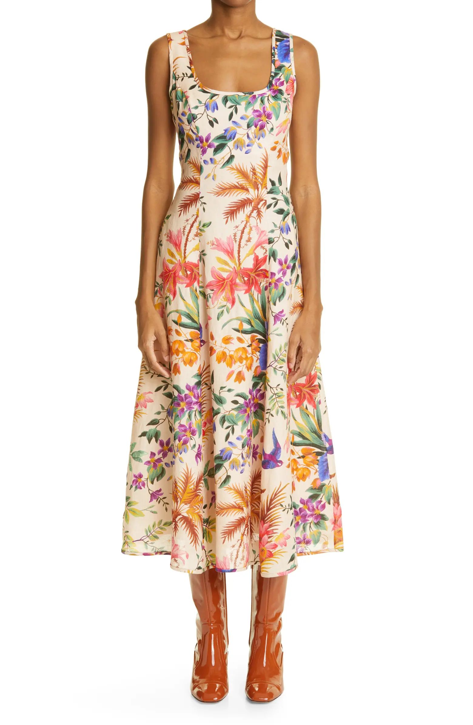 Tropicana Floral Print Cutout Linen Midi Dress | Nordstrom