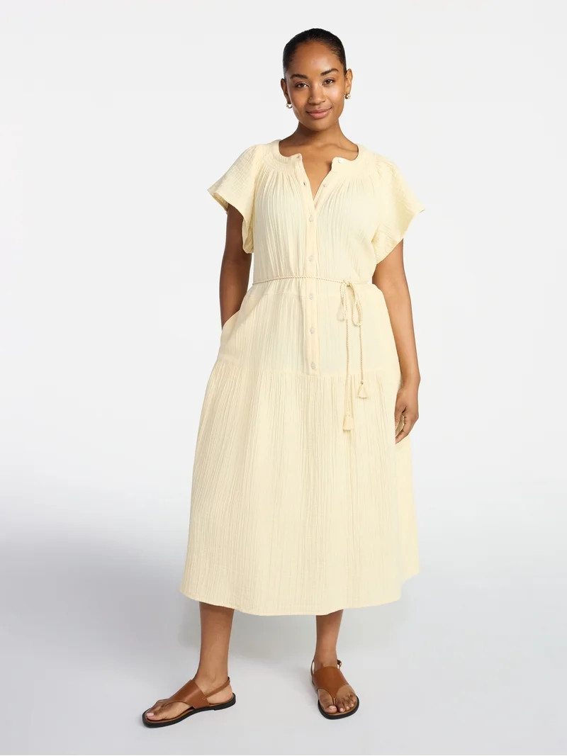 Time and Tru Women's Cotton Double Cloth Midi Dress with Short Flutter Sleeves, Sizes XS-XXXL | Walmart (US)