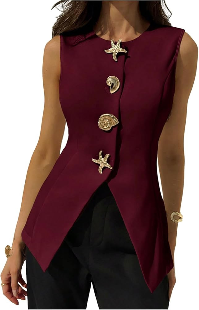 MakeMeChic Women's Blazer Vest Top Sleeveless Metal Button Down Split Hem Dressy Business Old Mon... | Amazon (US)