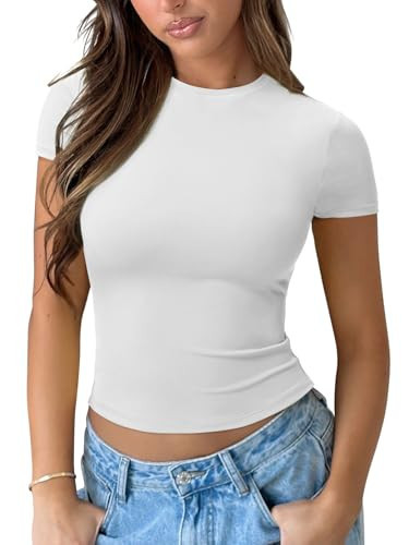 REORIA Womens Crew Neck Short Sleeve Tops Summer Going Out Double Lined T Shirts Slim Fit Clothes Basic Tee 2025 White | Amazon (US)