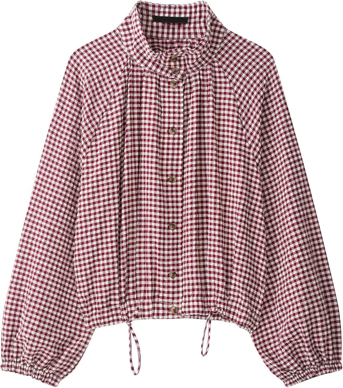 Women's Gingham Jacket Drawstring Button Down Stand Collar Coat | Amazon (US)