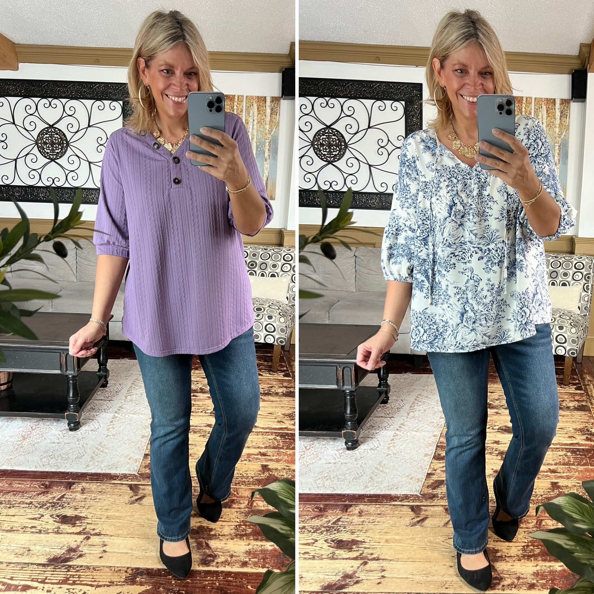 Elbow sleeve arm coverage tops- both size 12; bootcut jeans size 14. Spring tops. 

#LTKOver40 #LTKSeasonal #LTKMidsize
