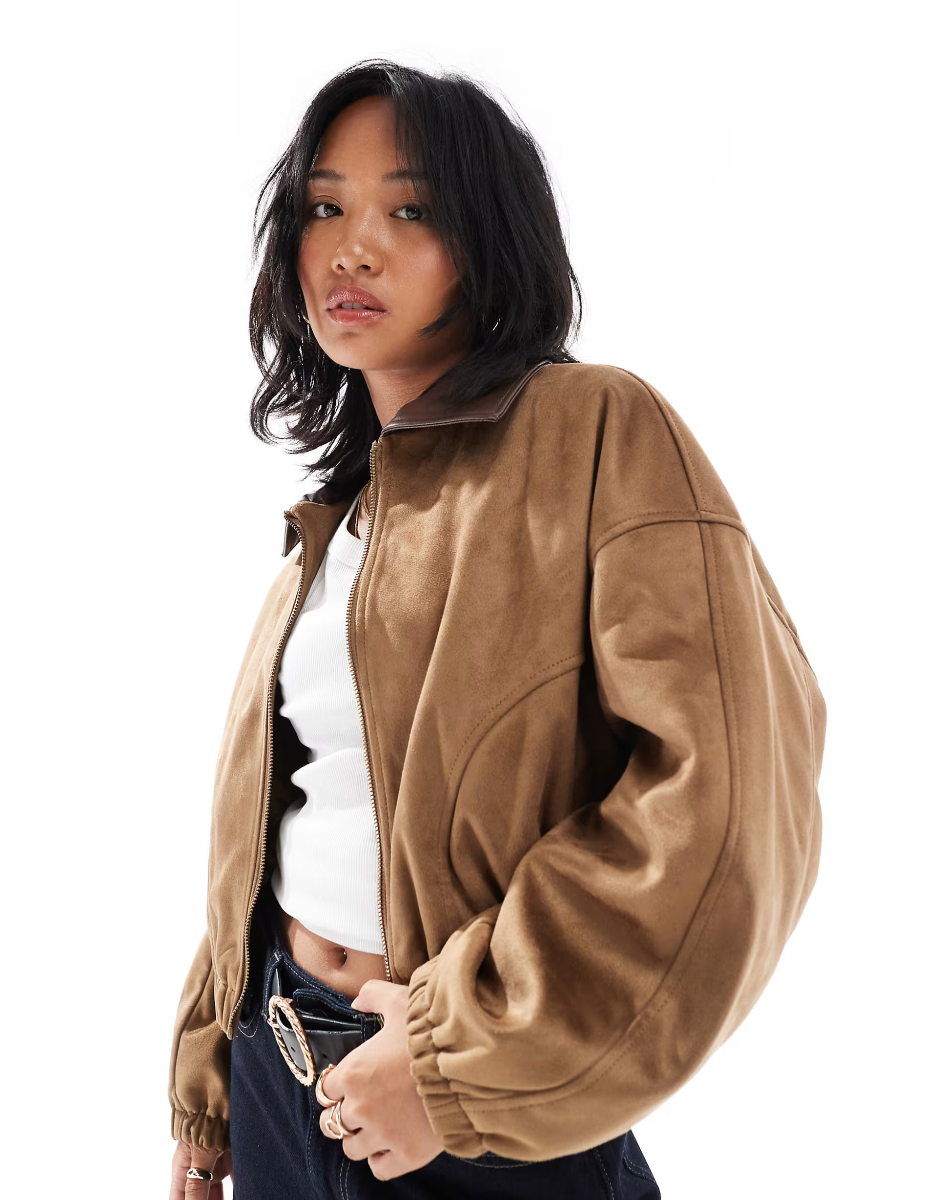 ASOS DESIGN Petite faux suede bomber jacket in mocha | ASOS (Global)