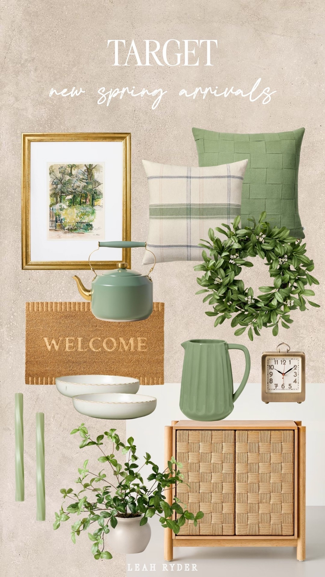 These Target new spring arrivals feature soft green accents, natural textures, and classic home decor staples. The collection includes throw pillows, framed wall art, tabletop accessories, storage furniture, and faux greenery. Neutral and sage green tones make these pieces easy to mix into existing home decor. These Target spring home finds work well for entryways, living rooms, kitchens, and seasonal refreshes.

#LTKHome #LTKSeasonal