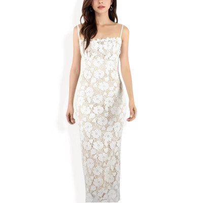 Anna-Kaci Women's Floral Lace Maxi Dress with Spaghetti Straps and Scalloped Hem - Large, White | Target