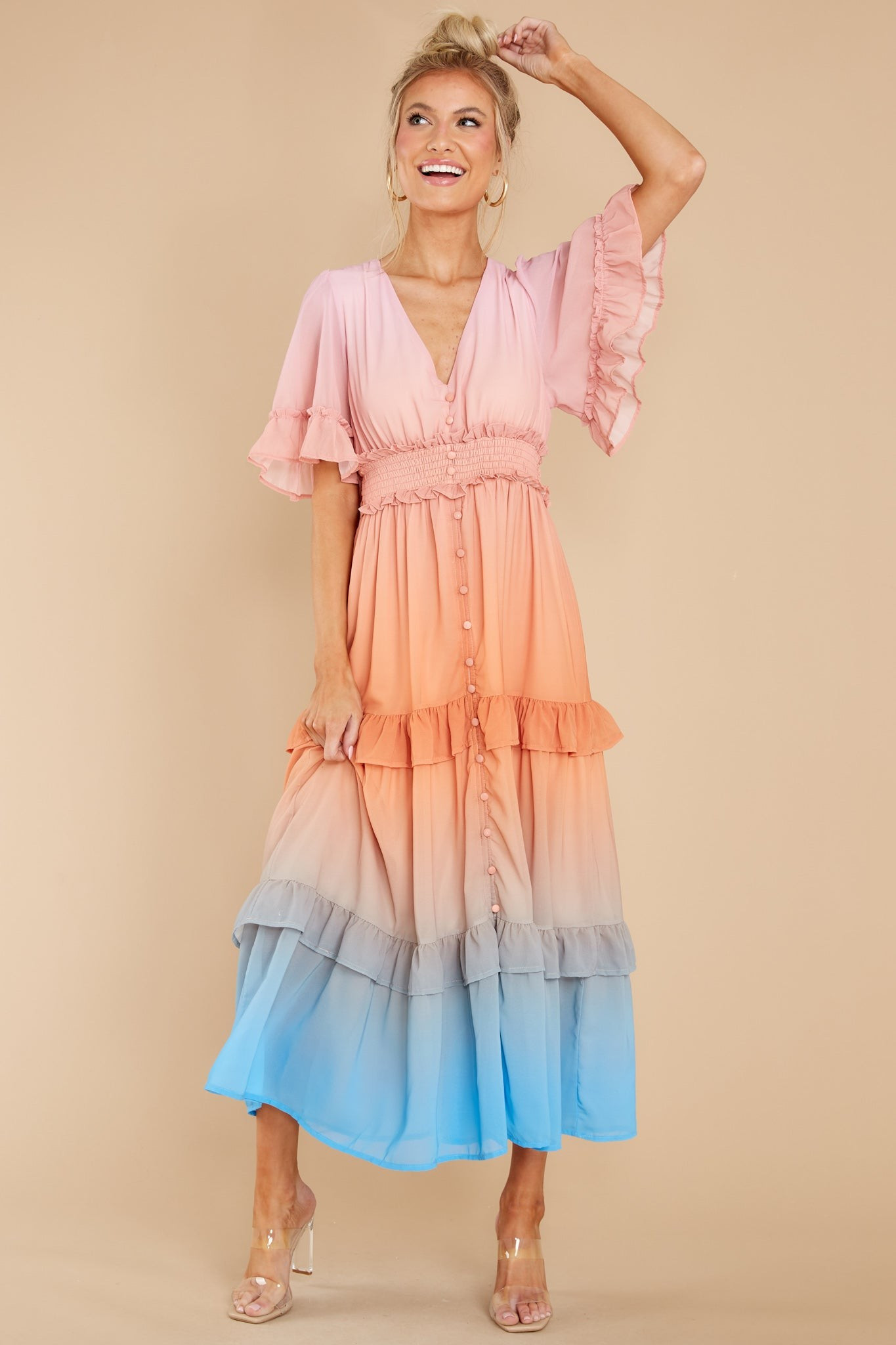 Spark Of Feelings Coral Pink Multi Maxi Dress | Red Dress 