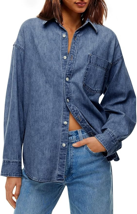 Cicy Bell Oversized Denim Shirt Jean Jacket Button Down Shirts Tops | Amazon (US)