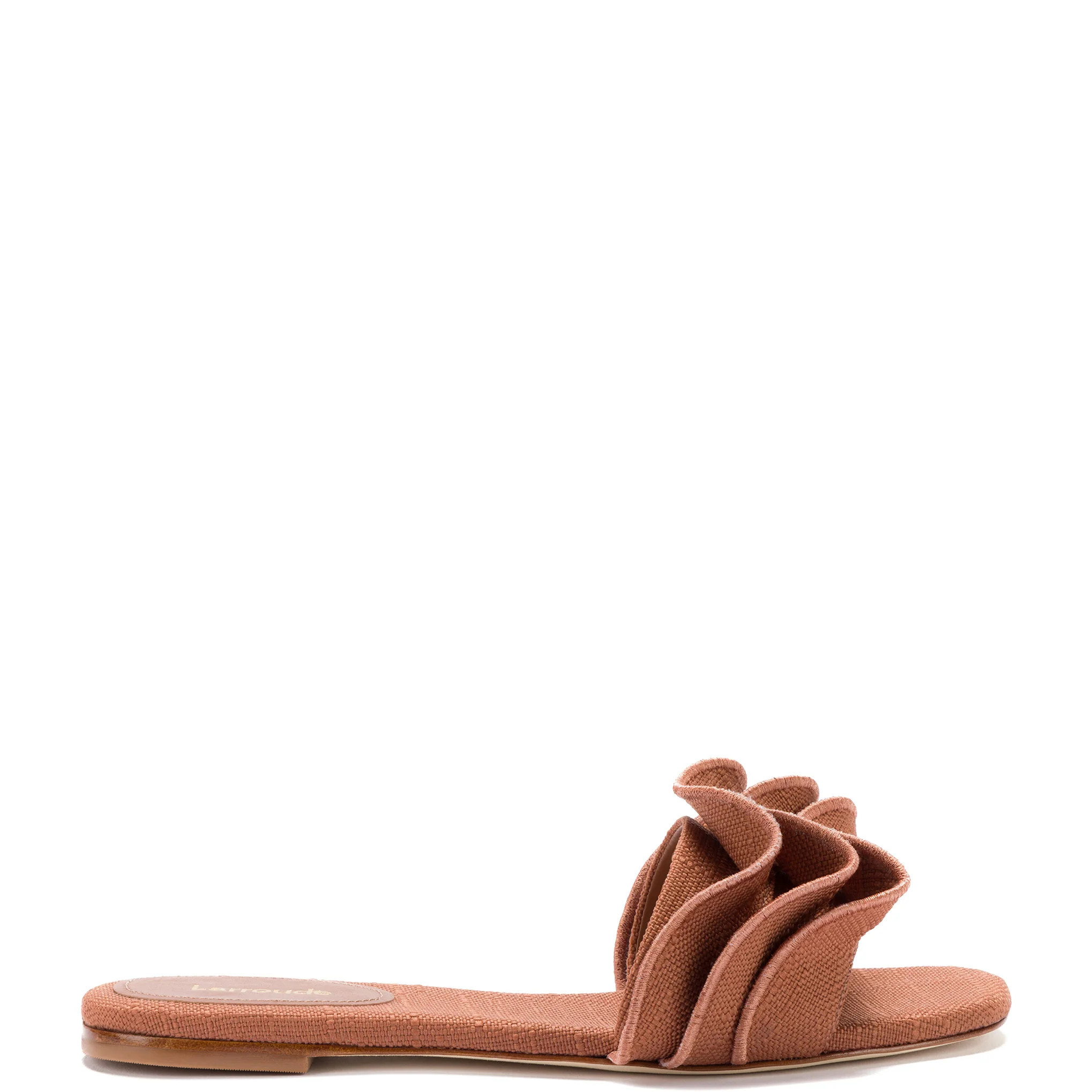 Ivy Ruffle Flat Mule In Caramel Raffia | Larroude