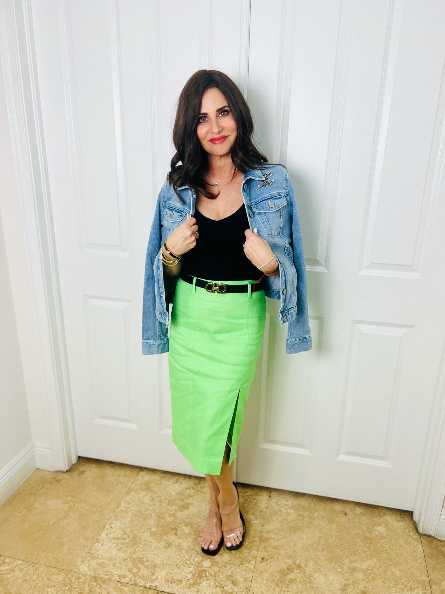 Skirt 00 on sale ( available in a variety of colors ) 
Tank sm 
Jean jacket sm 
Heels TTS 

#LTKsalealert #LTKSeasonal #LTKstyletip