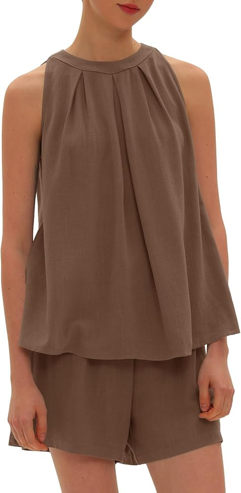 Beaully Linen Short Sets 2 Piece for Women Summer Casual Sleeveless Halter Neck Tops And Shorts S... | Amazon (US)