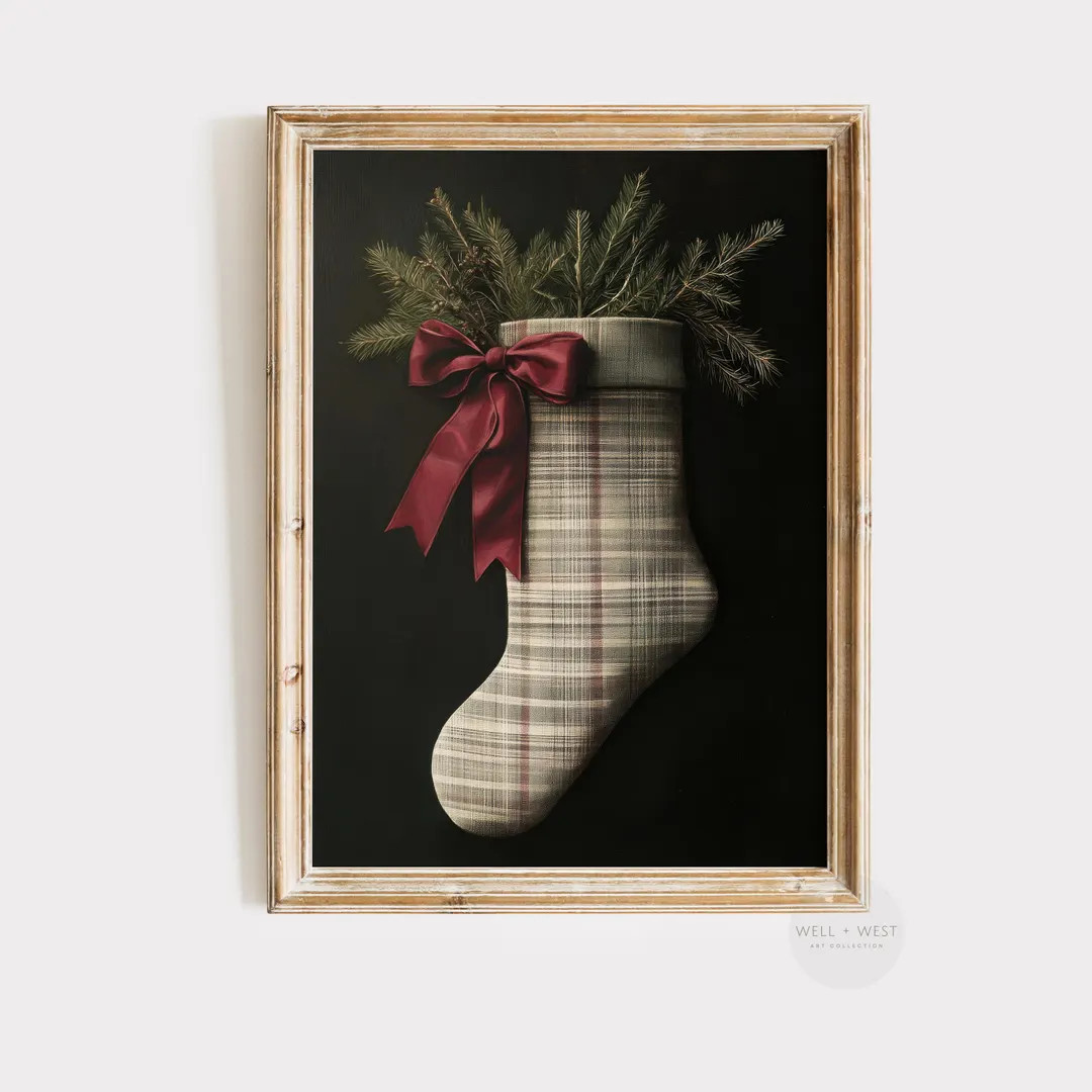 Vintage Christmas Stocking Print | Plaid Stocking With Bow | Moody Holiday Seasonal Printable Art... | Etsy (US)