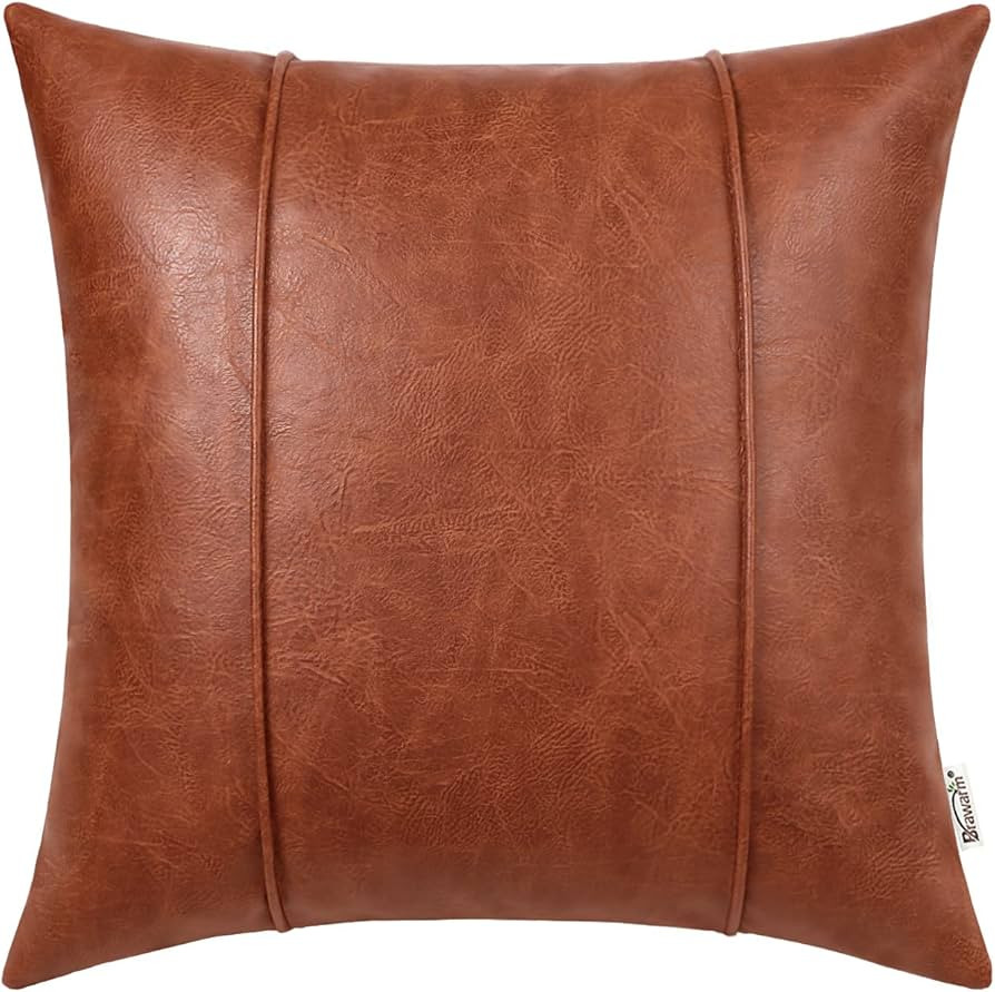 BRAWARM Cognac Leather Throw Pillow Covers 22 X 22 Inches - Faux Leather Pillow Cover with Piping... | Amazon (US)