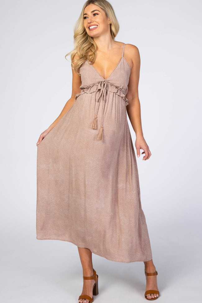 Light Mocha Dot Print V-Neck Maternity Midi Dress | PinkBlush Maternity