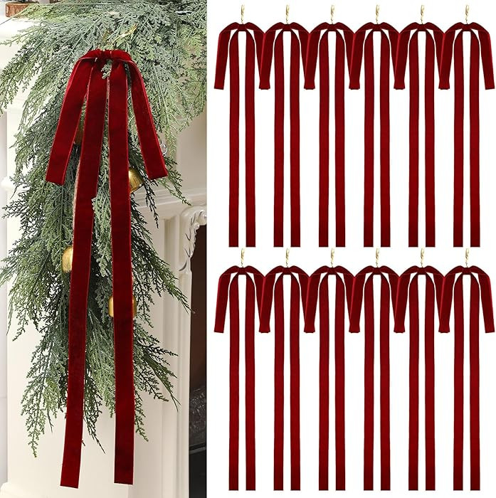 Janinka 12 Pcs Burgundy Long Velvet Bow Ornaments Christmas Swag 23.5x15.5 Inch Vintage Large Vel... | Amazon (US)