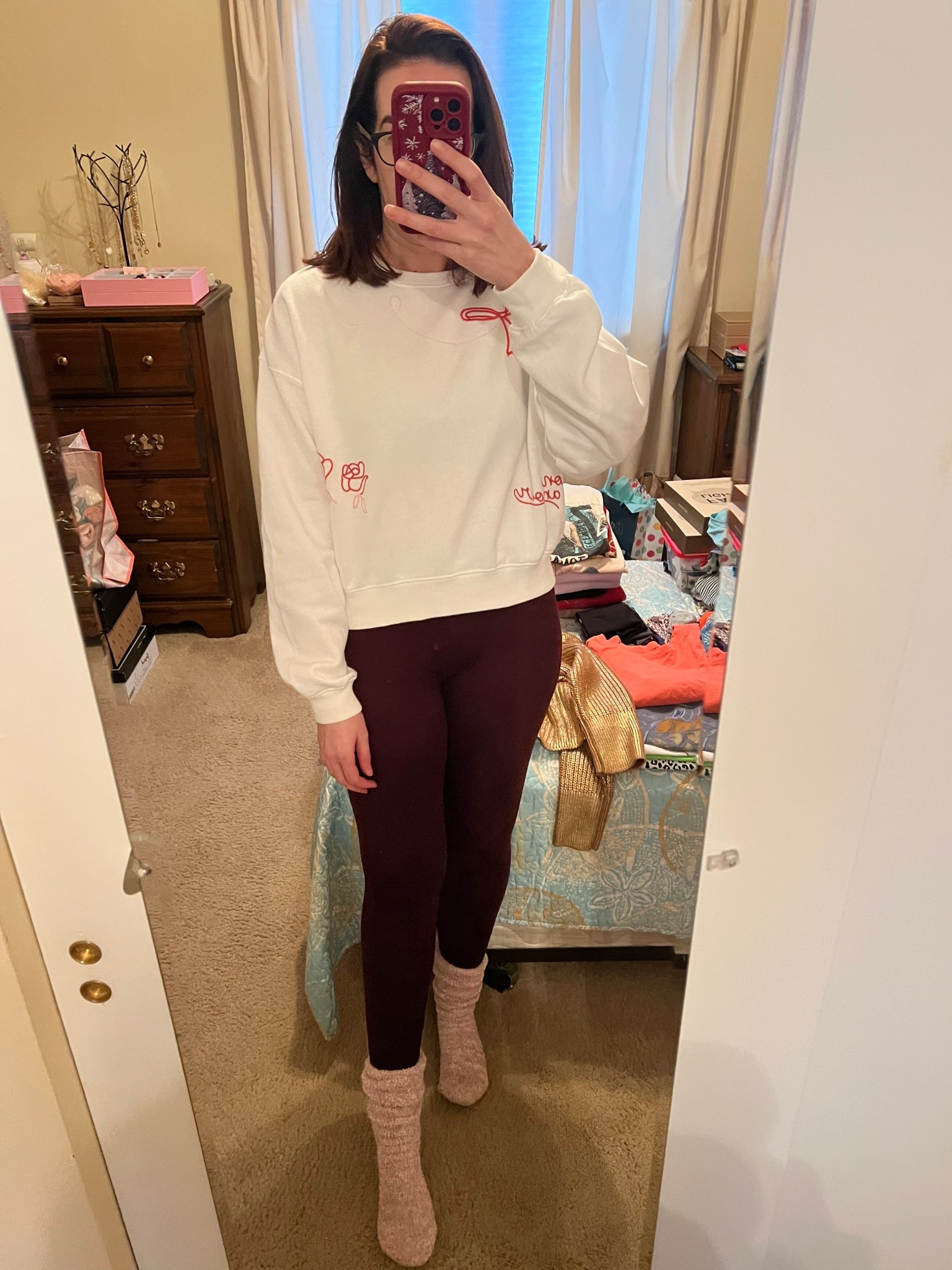 White sweatshirt with embroidered hearts and bows (small). Burgundy leggings (small). Fuzzy socks (one size). #loungewear #sweatshirt #whitesweatshirt #embroideredsweatshirt #burgundyleggings #leggings #socks #fuzzysocks #socks #fuzzysocks 

#LTKFindsUnder50 #LTKSeasonal #LTKFindsUnder100