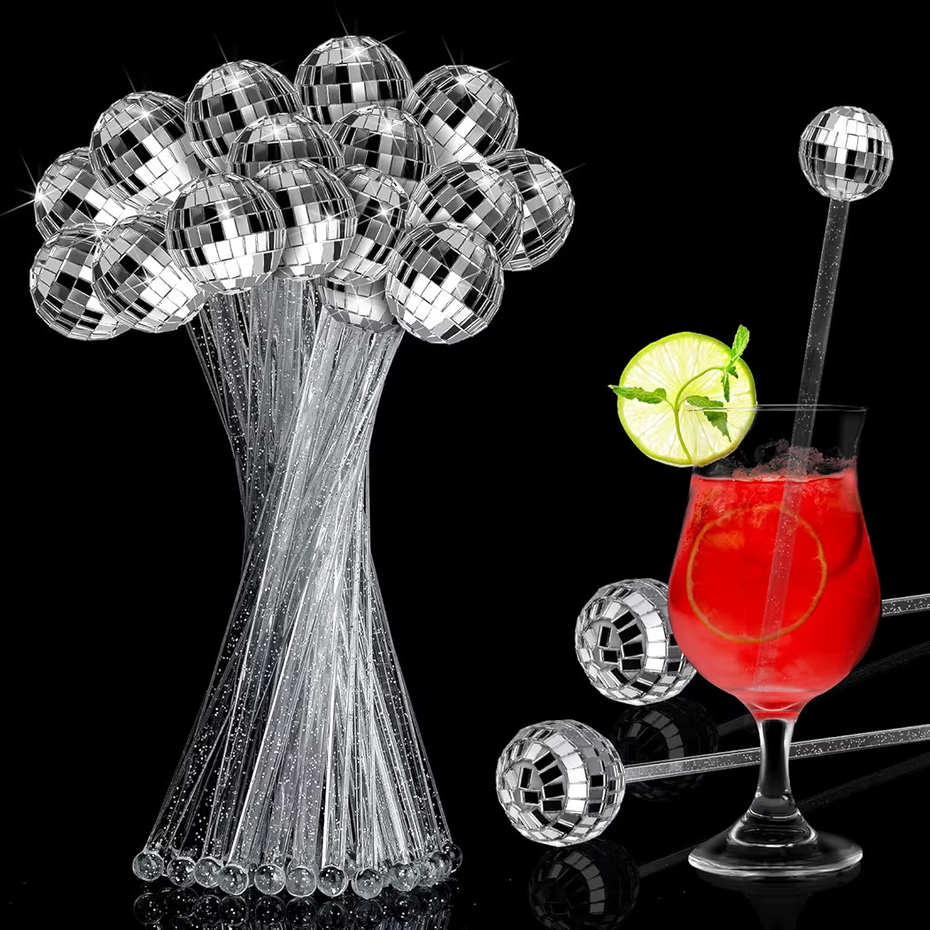 Sawysine 24 Pcs Disco Balls Cocktail Stirrers Silver Disco Ball Decorative Swizzle Sticks 8 Inch ... | Amazon (US)