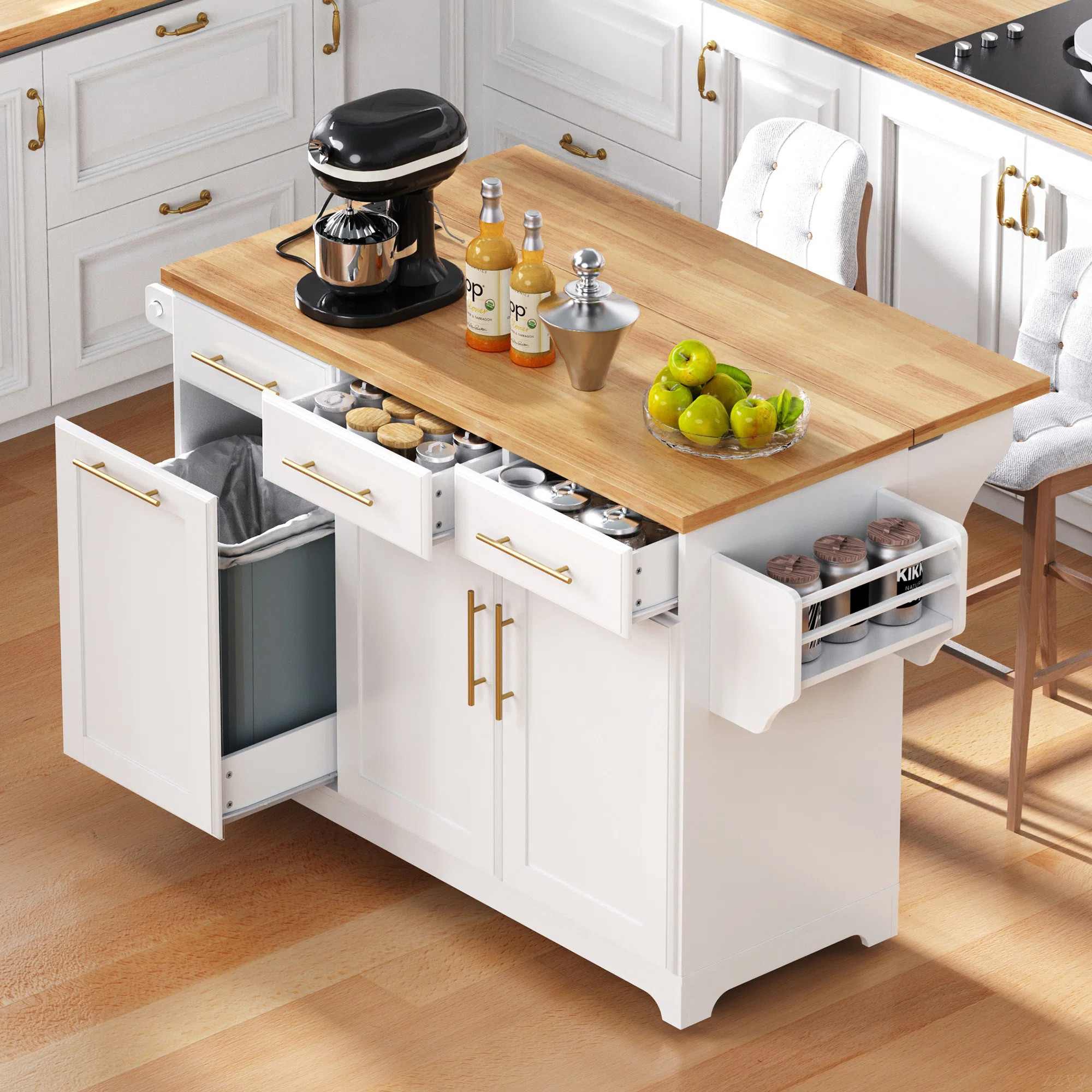 59.3-Inch Rolling Kitchen Island, With Power Sockets And Storage Space, 2 Pull-Out Cabinet Storage Racks And Fallen Leaves, With Trash Can Storage Spa | Wayfair North America