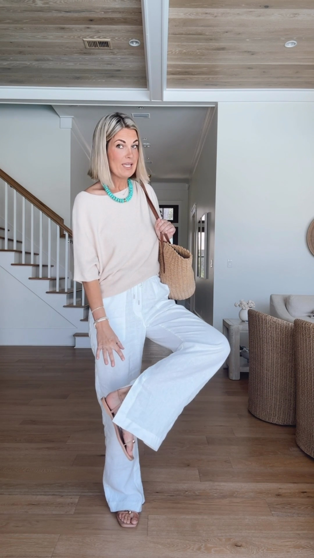 Beaded necklaces layered with metal necklaces are everywhere this summer!  These are so affordable. I am 5’11” wearing small in the top and Xs tall in the linen pants. Sandals true to size.

#LTKSaleAlert #LTKTall #LTKootd