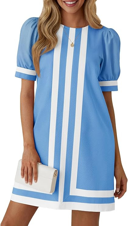 Wenrine Womens Puff Short Sleeve Mini Dress Summer Crewneck Striped Color Block Loose Casual Shif... | Amazon (US)