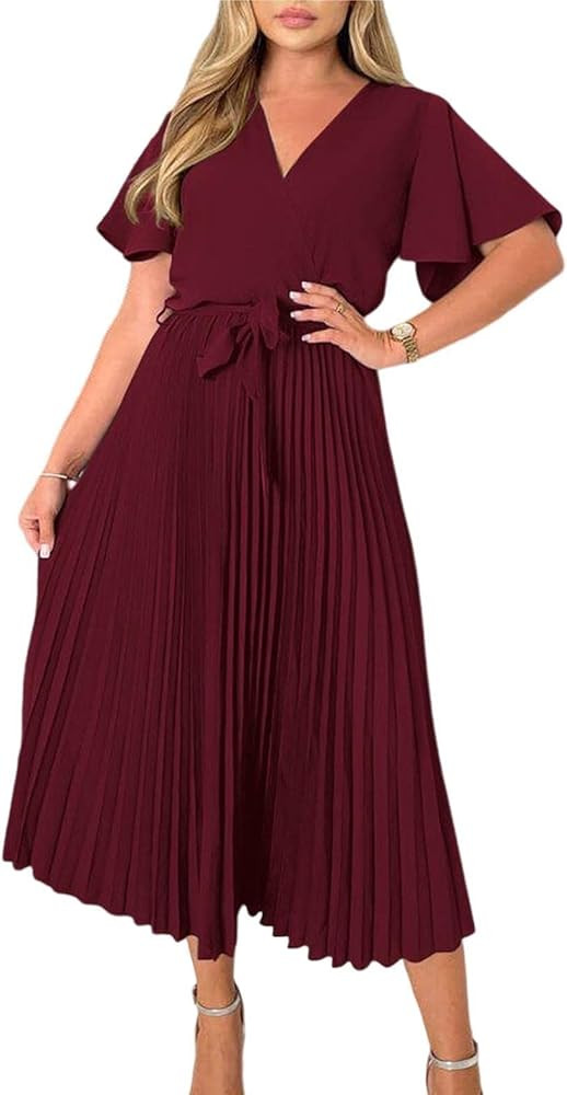 PRETTYGARDEN Women's Wrap V Neck Satin Dress Ruffle Short Sleeve Tie Waist Midi Dress Pleated A-Line | Amazon (US)