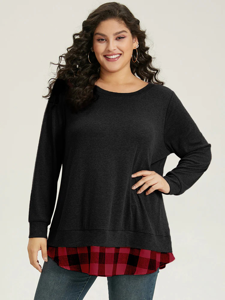 Heather Plaid Patchwork Crew Neck T-shirt | Bloomchic