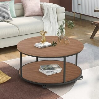 Merax Round Coffee Table with Caster Wheels and Unique Textured Surface (Brown) | Bed Bath & Beyond