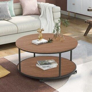 Merax Round Coffee Table with Caster Wheels and Unique Textured Surface (Brown) | Bed Bath & Beyond