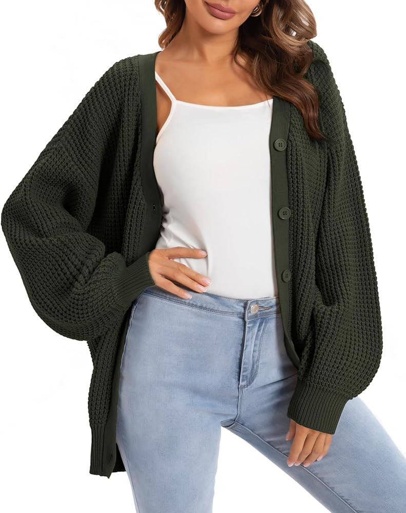 QUALFORT Cardigan Sweaters for Women 100% Cotton Button-Down Oversized Knit Outerwear Fall Tops f... | Amazon (US)