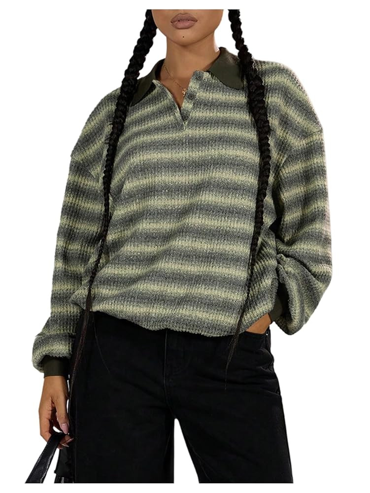 Milumia Women's Y2k Striped Knit Sweater Collared Long Sleeve Pullover Tops Streetwear | Amazon (US)