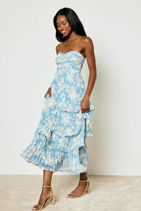 Seriously Sensational Blue Floral Strapless Tiered Maxi Dress | Lulus